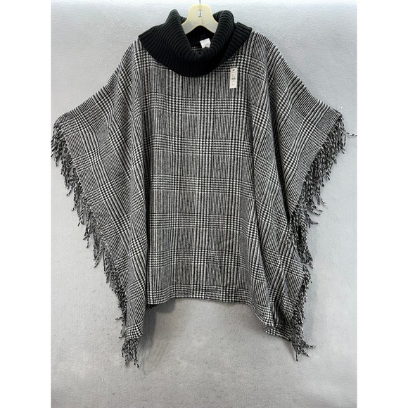 Talbots Sweaters - NWT Talbots Poncho Women ML Black‎ White Glen Plaid Fringe Turtleneck Wool Blend
